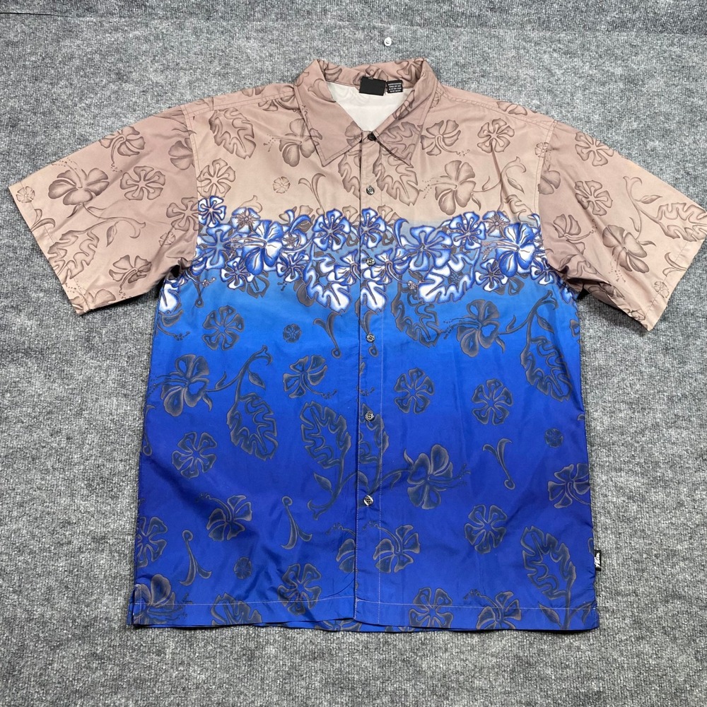 No Fear Mens XL Short Sleeve Button‎ Up Shirt Blue Tan Tropical Ombre Fade Y2K